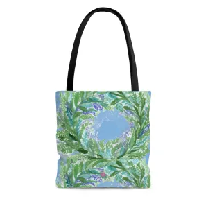 Blue Floral Print Tote Bag, Floral Lavender Print Premium Square 13"x13", 16"x16", 18"x18" Premium Quality Market Tote Bag - Made in USA