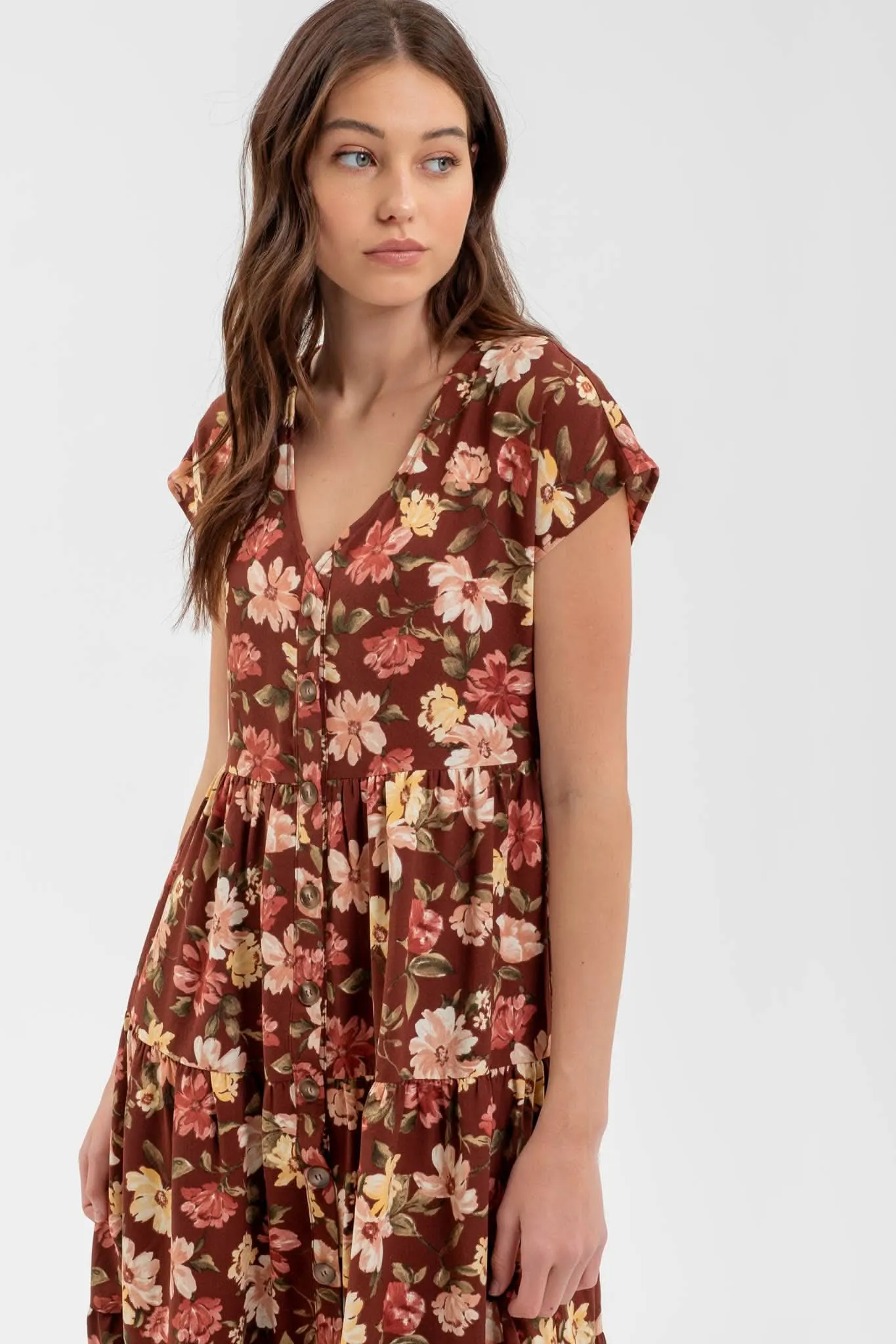 Burgundy Button Down Tiered Floral V-Neck Midi Dress