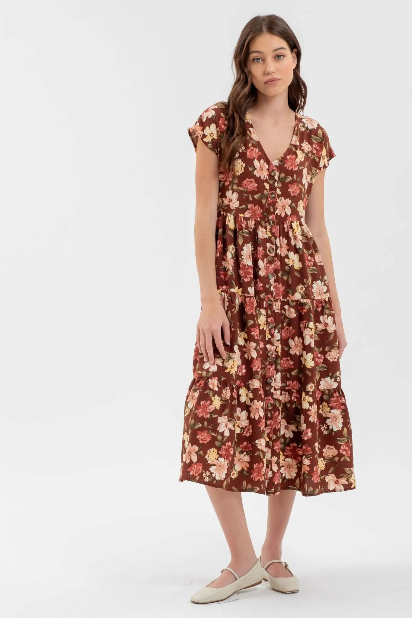 Burgundy Button Down Tiered Floral V-Neck Midi Dress