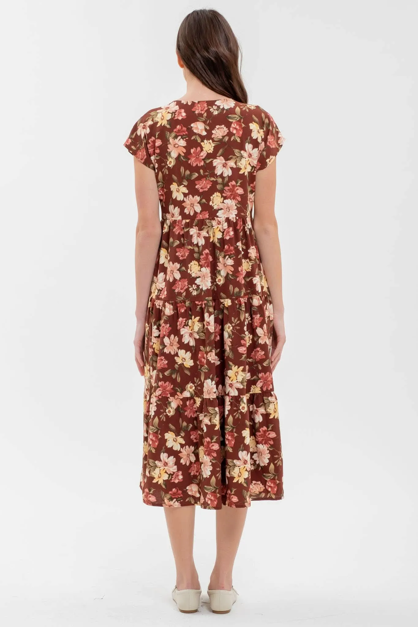 Burgundy Button Down Tiered Floral V-Neck Midi Dress
