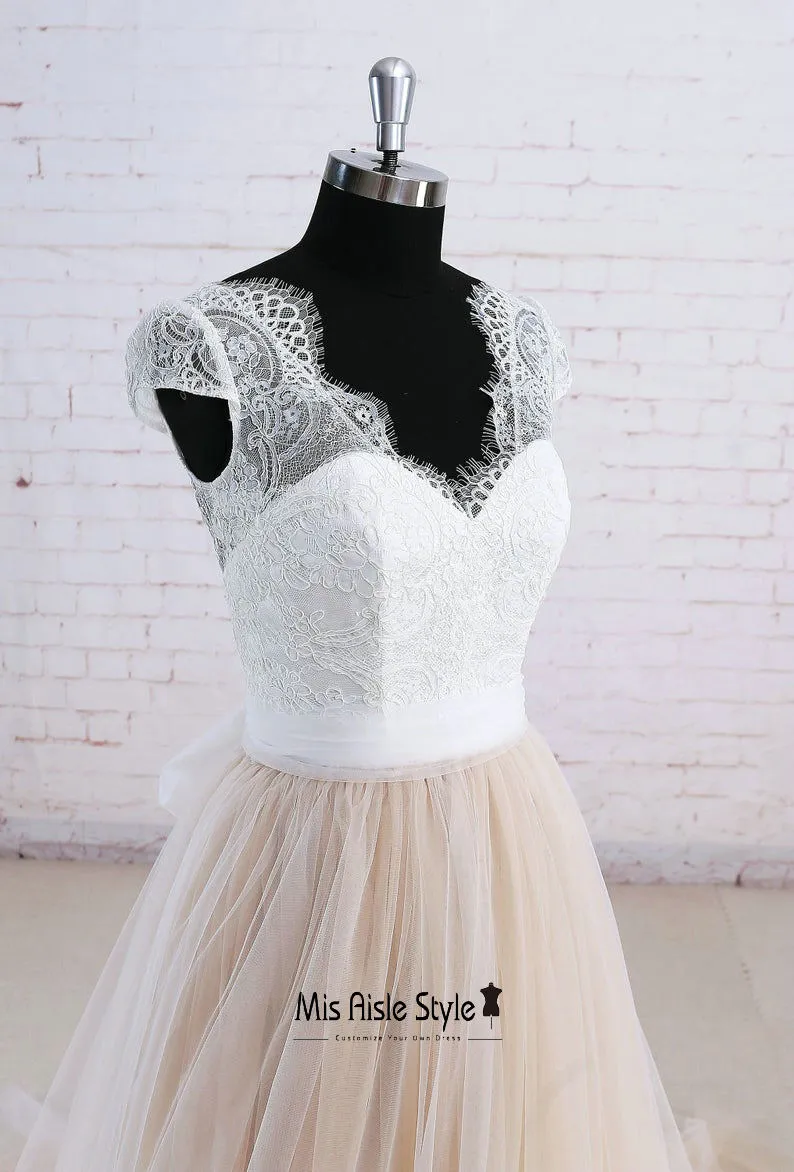 Cap Sleeves Champagne Summer Wedding Dress