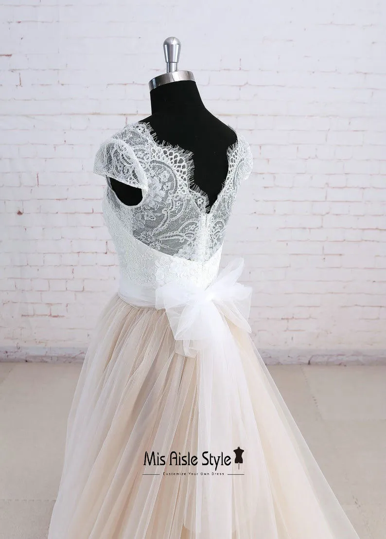 Cap Sleeves Champagne Summer Wedding Dress