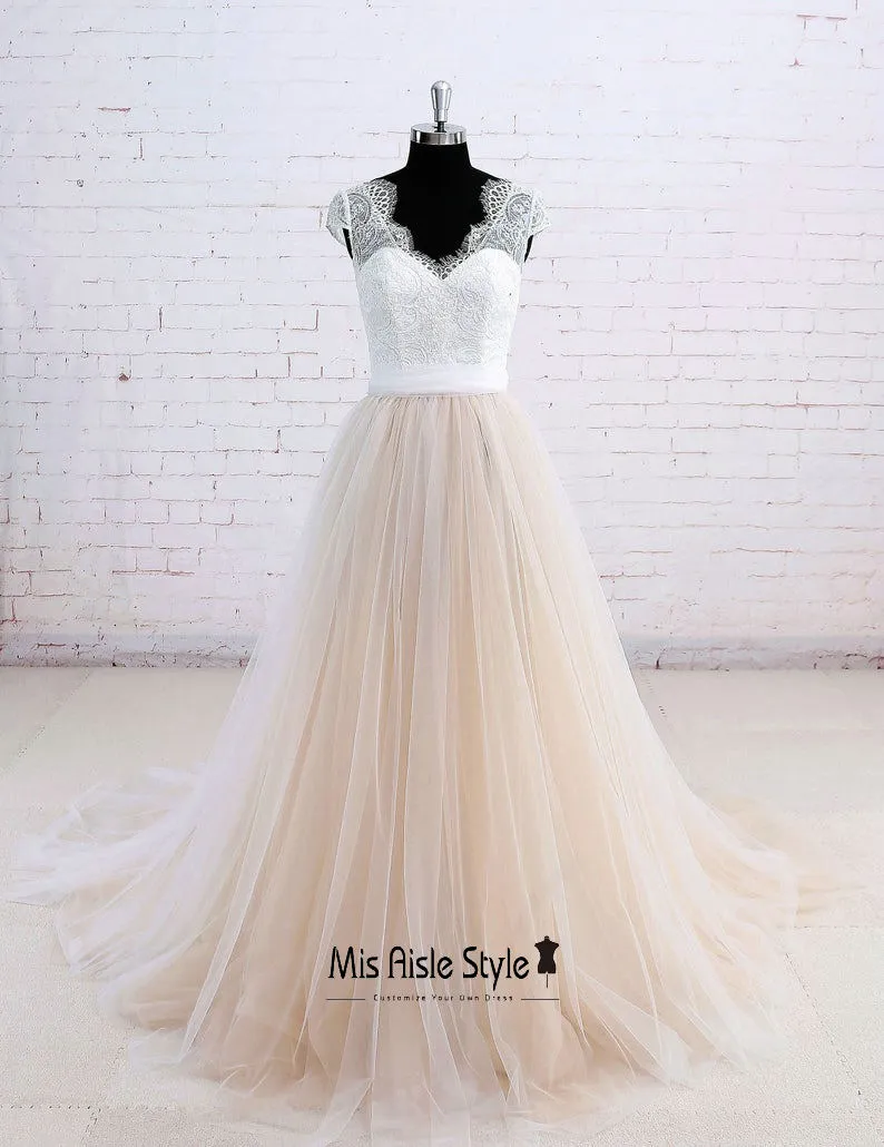 Cap Sleeves Champagne Summer Wedding Dress