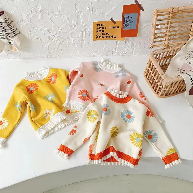 Colorful Daisy Ruffled Fleece Sweater