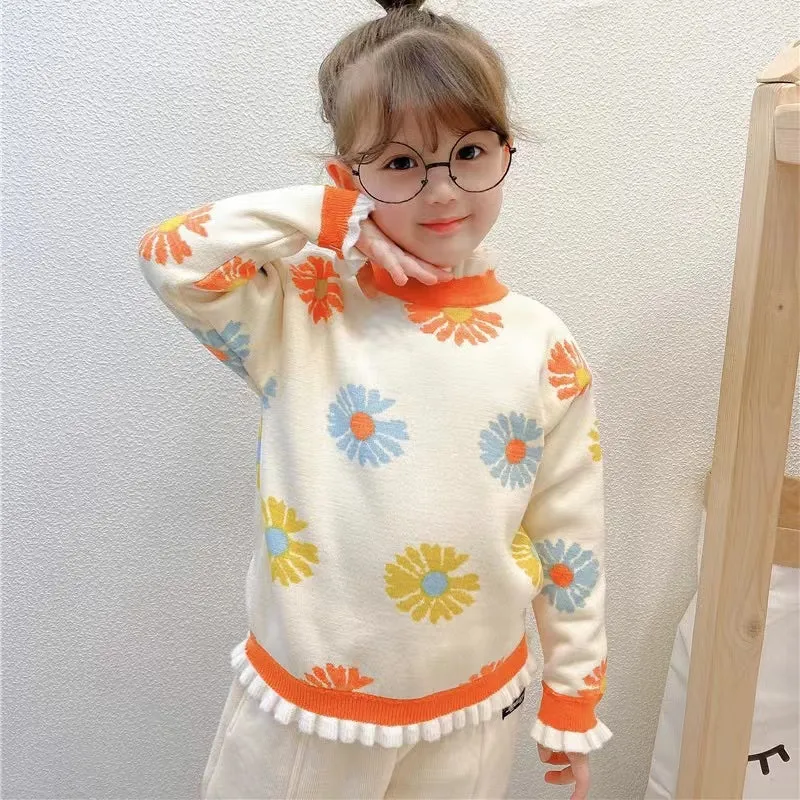 Colorful Daisy Ruffled Fleece Sweater