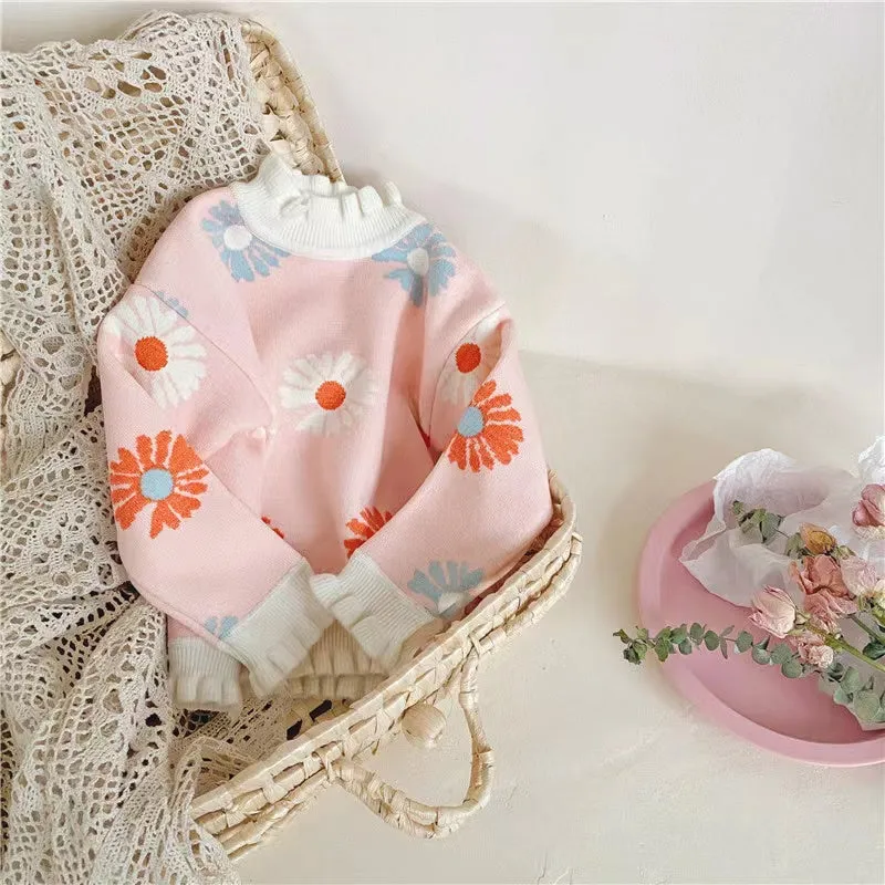Colorful Daisy Ruffled Fleece Sweater