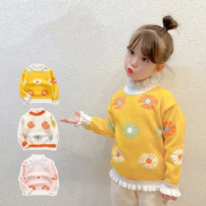 Colorful Daisy Ruffled Fleece Sweater