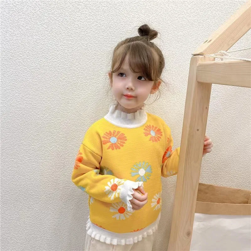 Colorful Daisy Ruffled Fleece Sweater