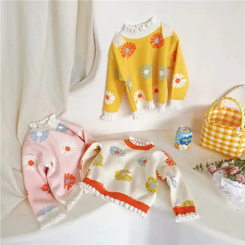 Colorful Daisy Ruffled Fleece Sweater