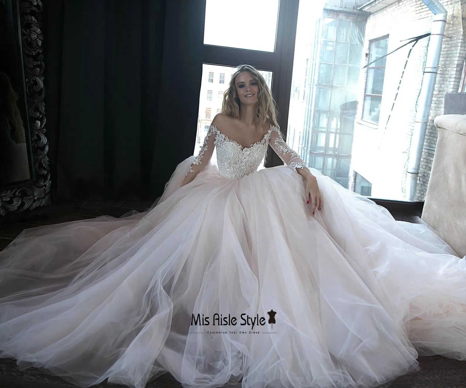 Long Lace Sleeves Blush Tulle Wedding Dress