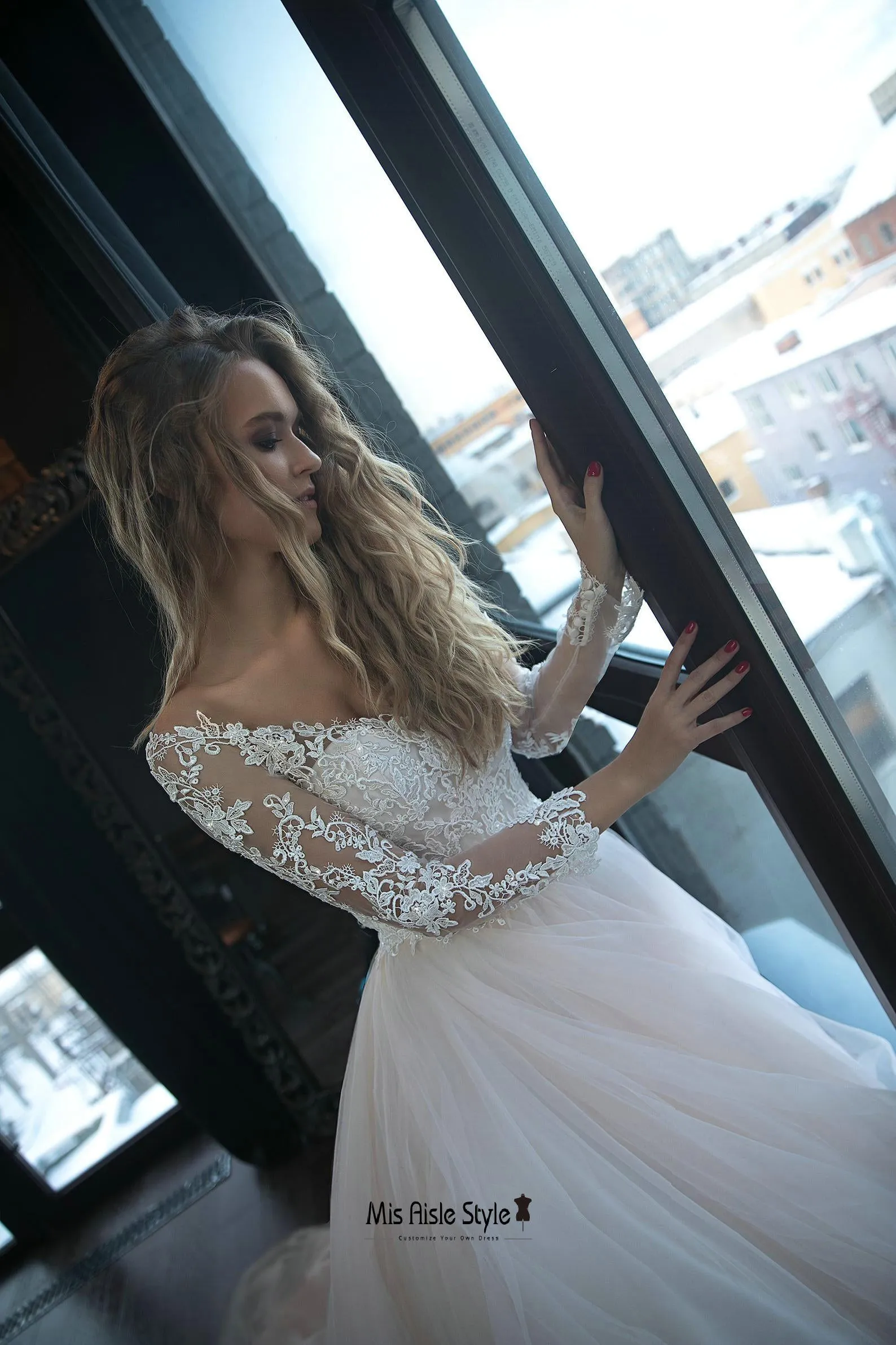 Long Lace Sleeves Blush Tulle Wedding Dress