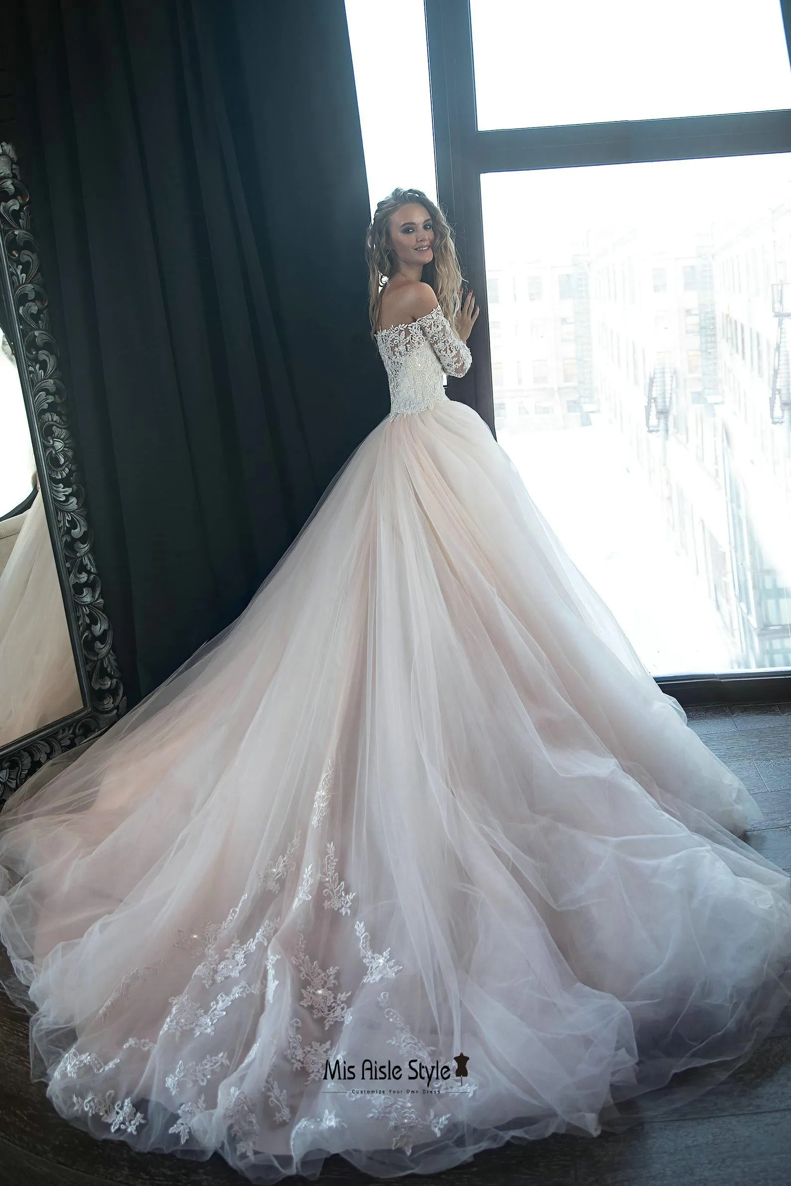 Long Lace Sleeves Blush Tulle Wedding Dress