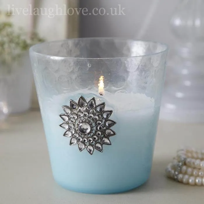 Opulent Collection - Large Votive Holder wax filled with Diamante Brooch - Blue