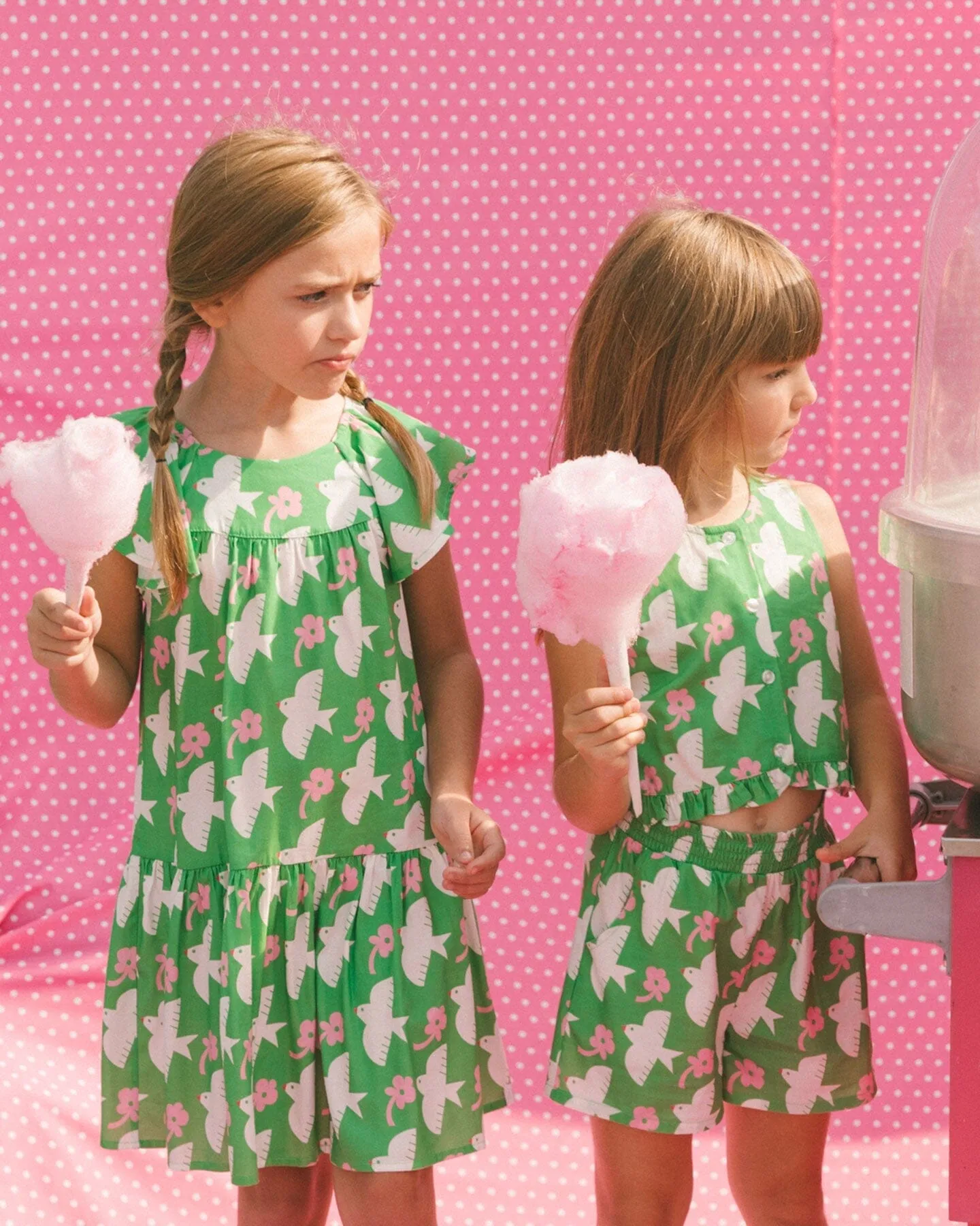 Printed Dress With Flounce Sleeves Green With White And Pink Bird