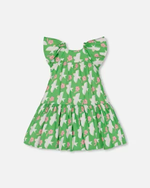 Printed Dress With Flounce Sleeves Green With White And Pink Bird