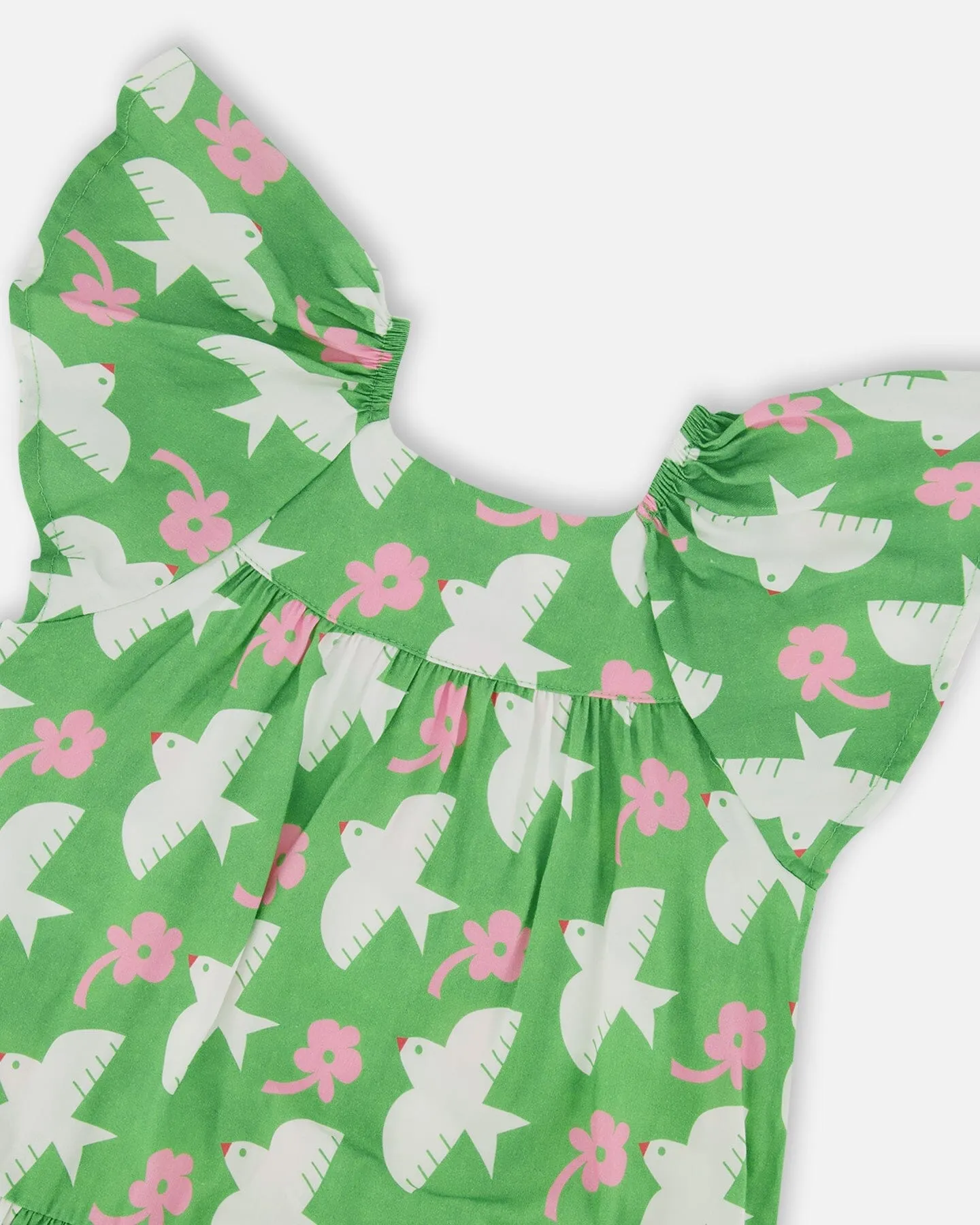 Printed Dress With Flounce Sleeves Green With White And Pink Bird