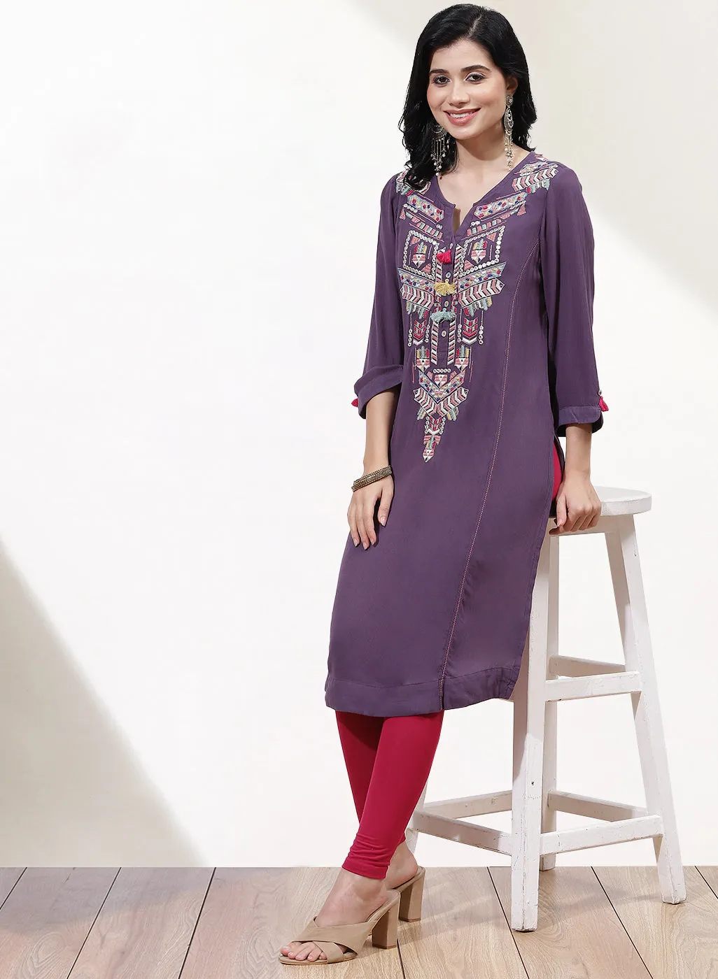 Purple Alora Embroidered Kurti With Tassels