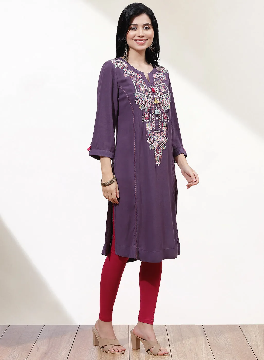Purple Alora Embroidered Kurti With Tassels