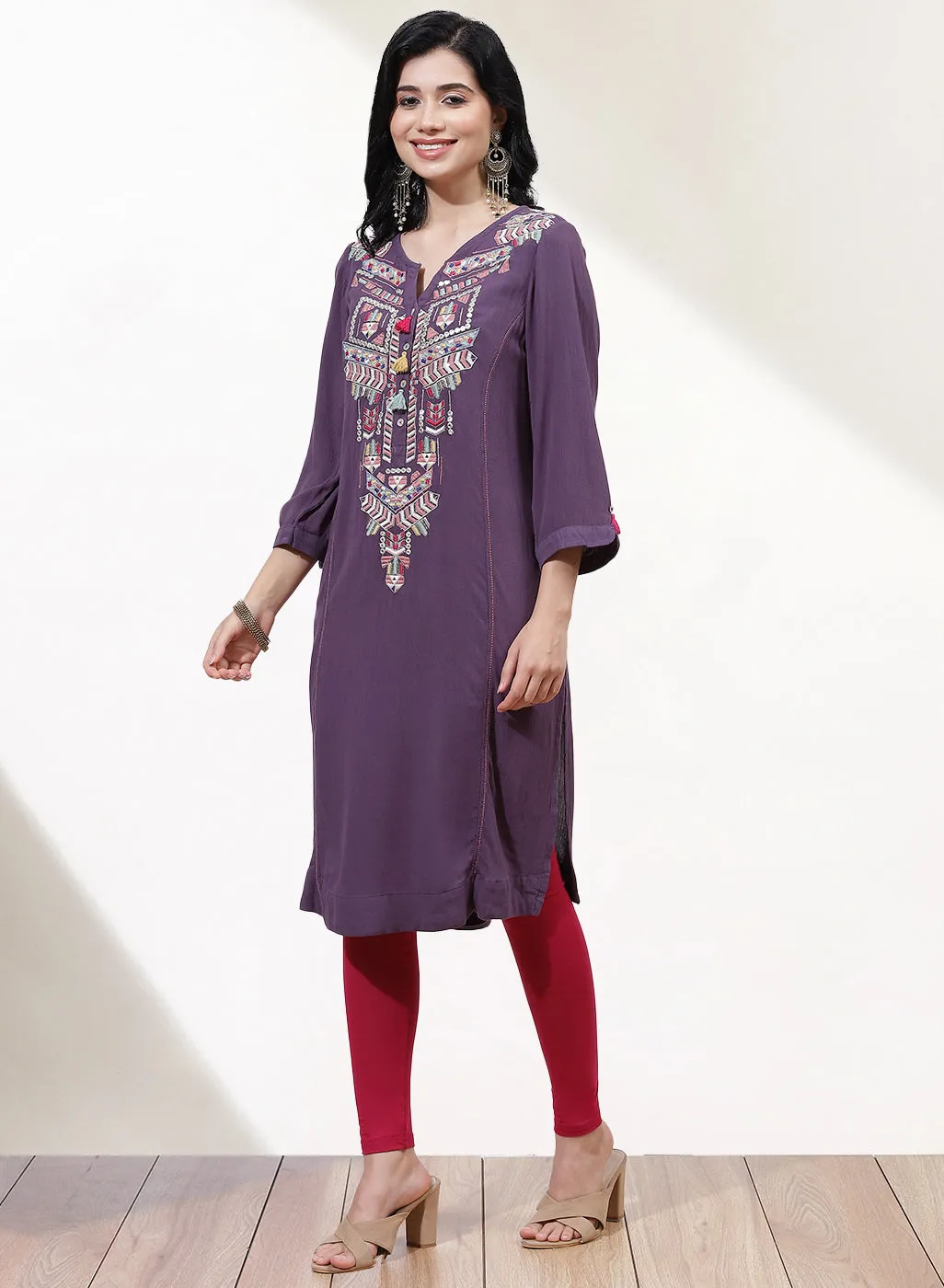 Purple Alora Embroidered Kurti With Tassels