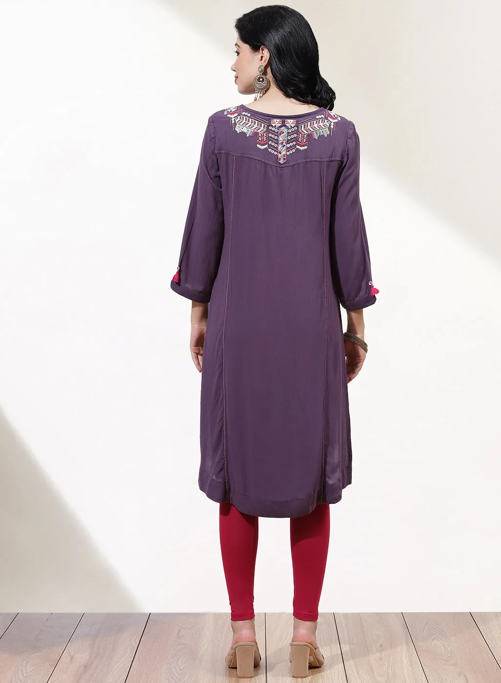 Purple Alora Embroidered Kurti With Tassels