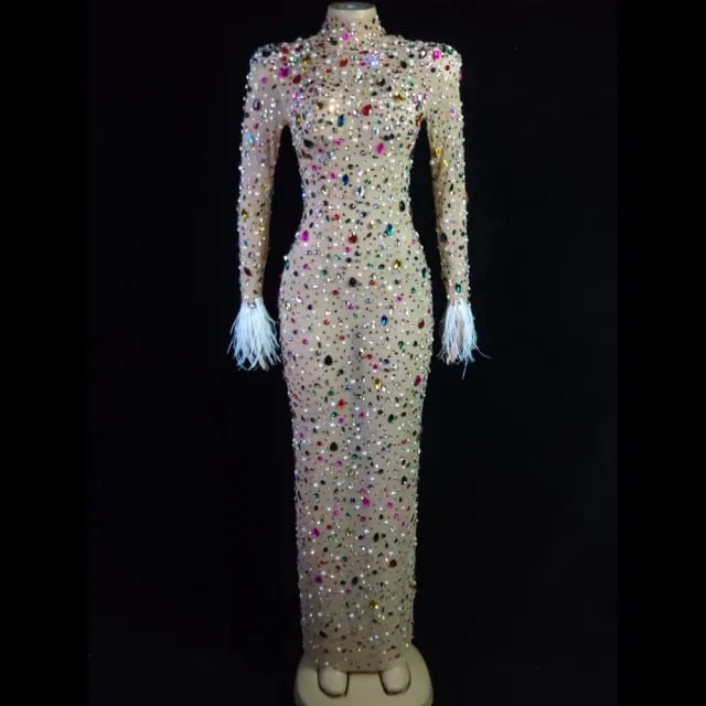 Sparkly Colorful Rhinestone Feather Sleeves Short Dress