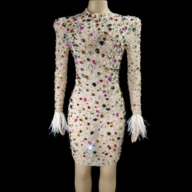 Sparkly Colorful Rhinestone Feather Sleeves Short Dress
