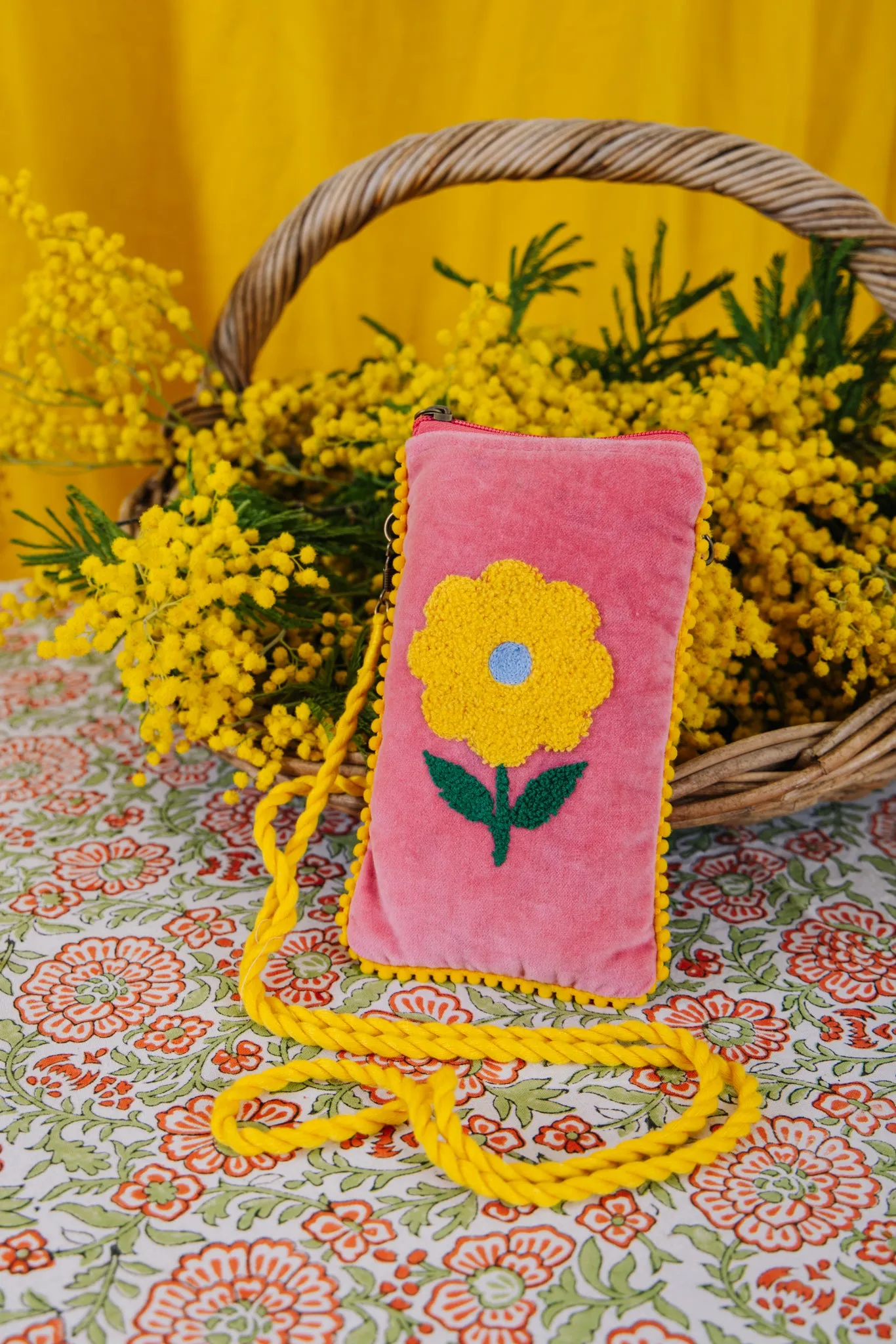 Velvet Flower Phone Pouch - Pink & Yellow