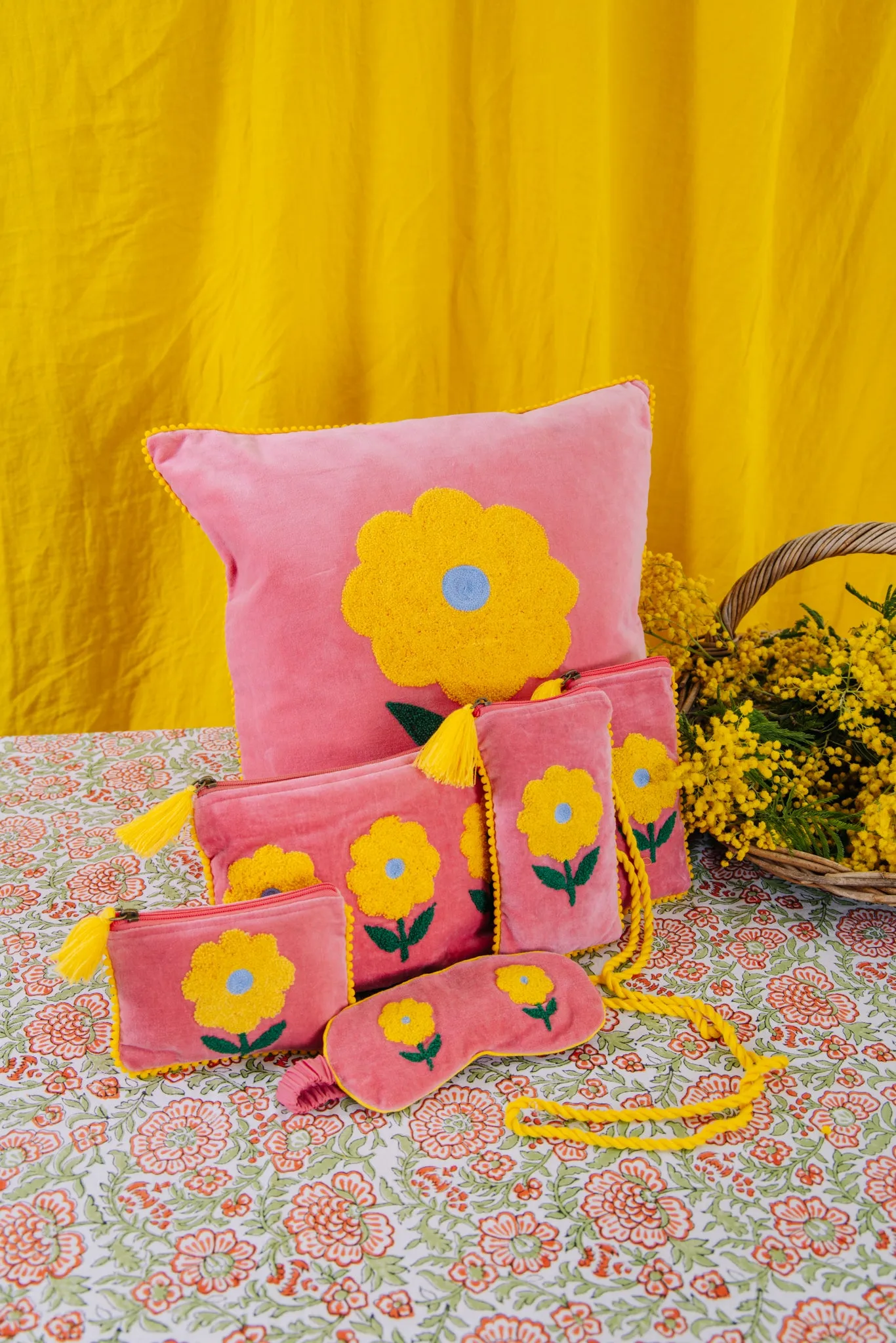 Velvet Flower Phone Pouch - Pink & Yellow