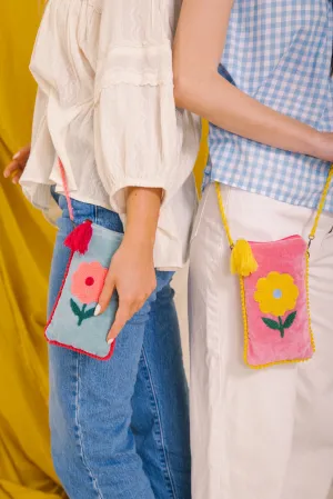Velvet Flower Phone Pouch - Pink & Yellow
