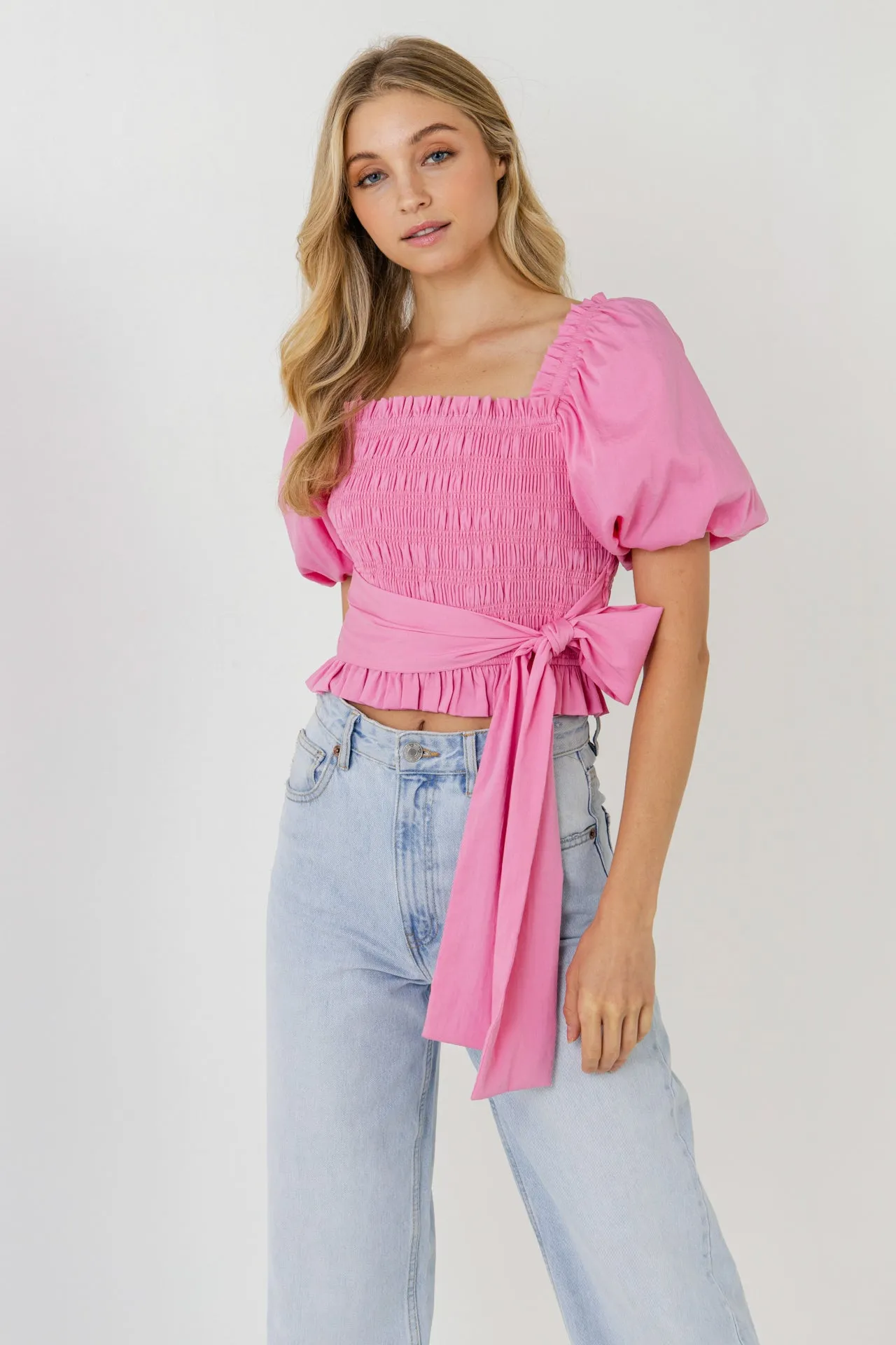 Women Woven Bow Tie Waist Blouse